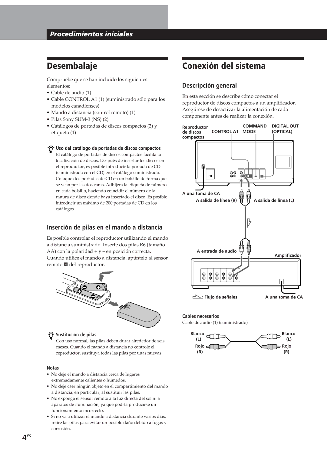 Sony CDP-CX250 manual Desembalaje, Conexión del sistema, Inserción de pilas en el mando a distancia, Descripción general 