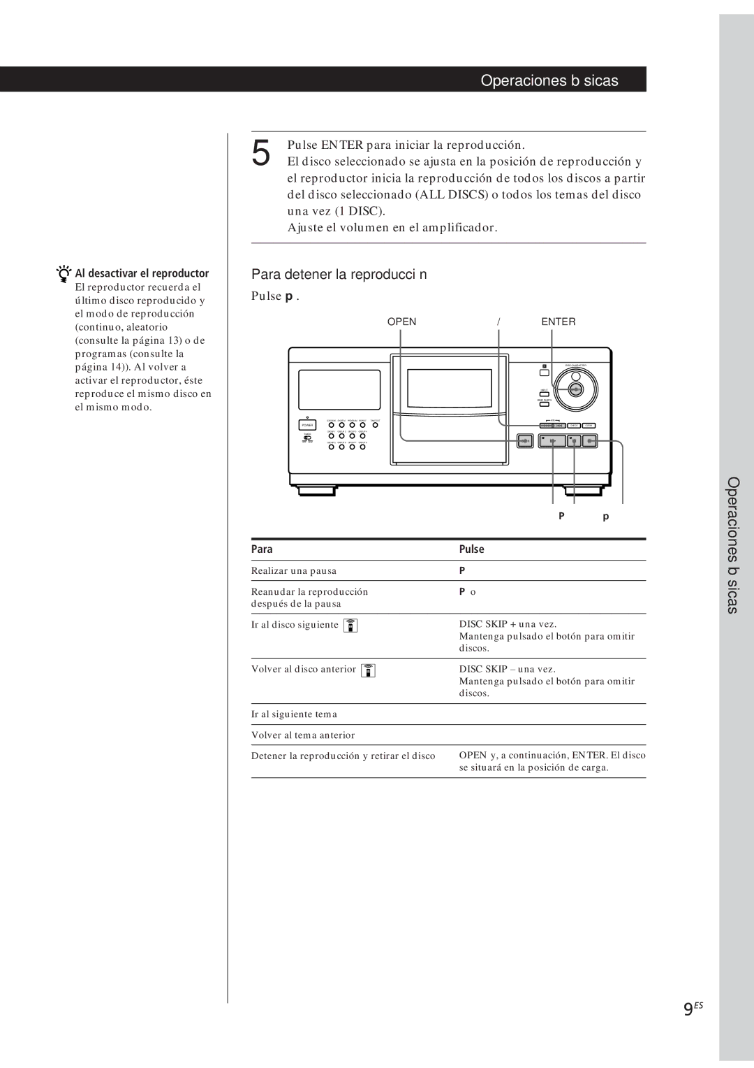 Sony CDP-CX250 manual Al desactivar el reproductor, Para Pulse 