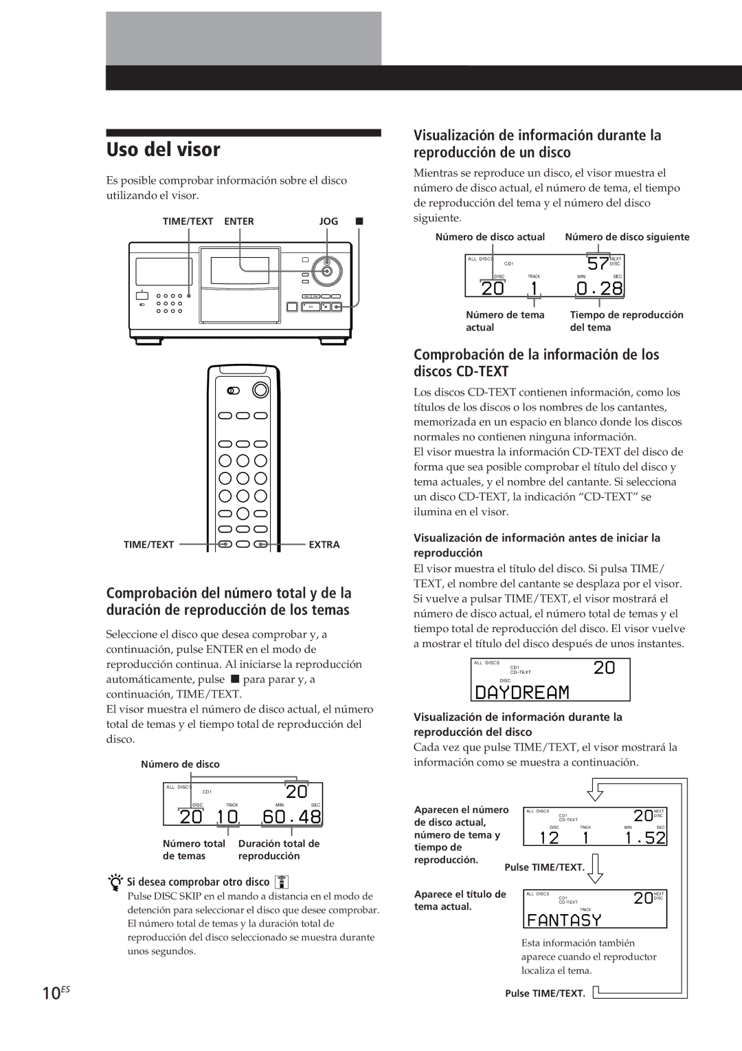 Sony CDP-CX250 Uso del visor, 10ES, Comprobación de la información de los discos CD-TEXT, Si desea comprobar otro disco 