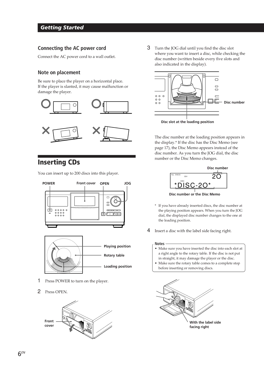 Sony CDP-CX250 manual Inserting CDs, Connecting the AC power cord, You can insert up to 200 discs into this player 