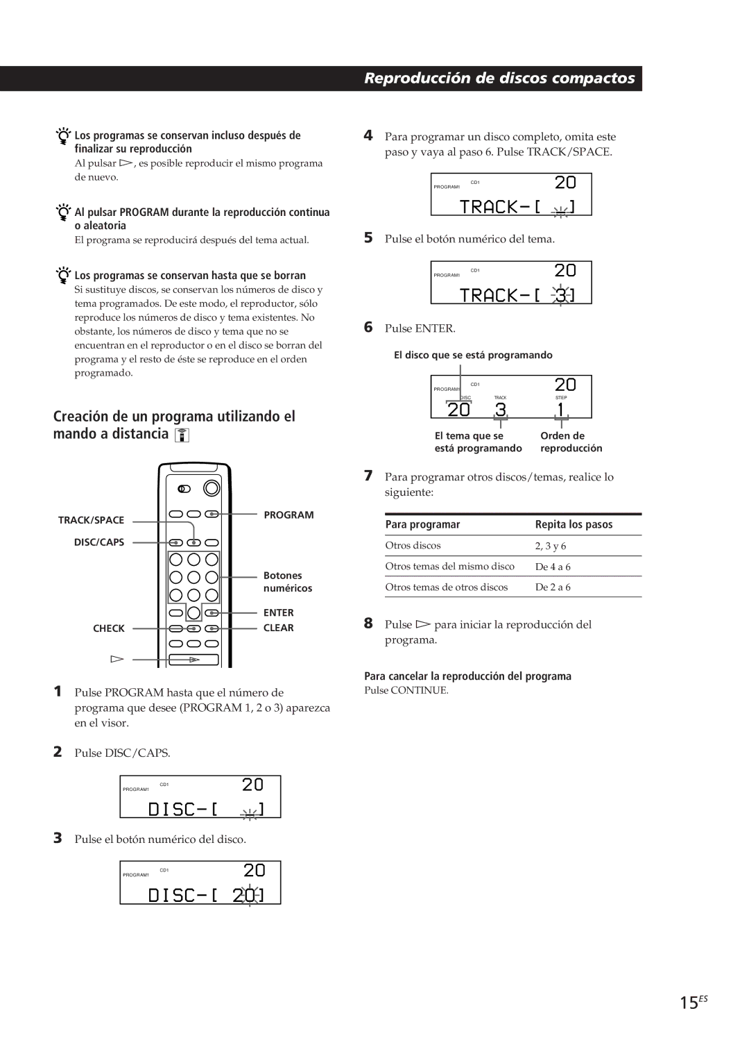 Sony CDP-CX250 manual 15ES, Creación de un programa utilizando el mando a distancia 