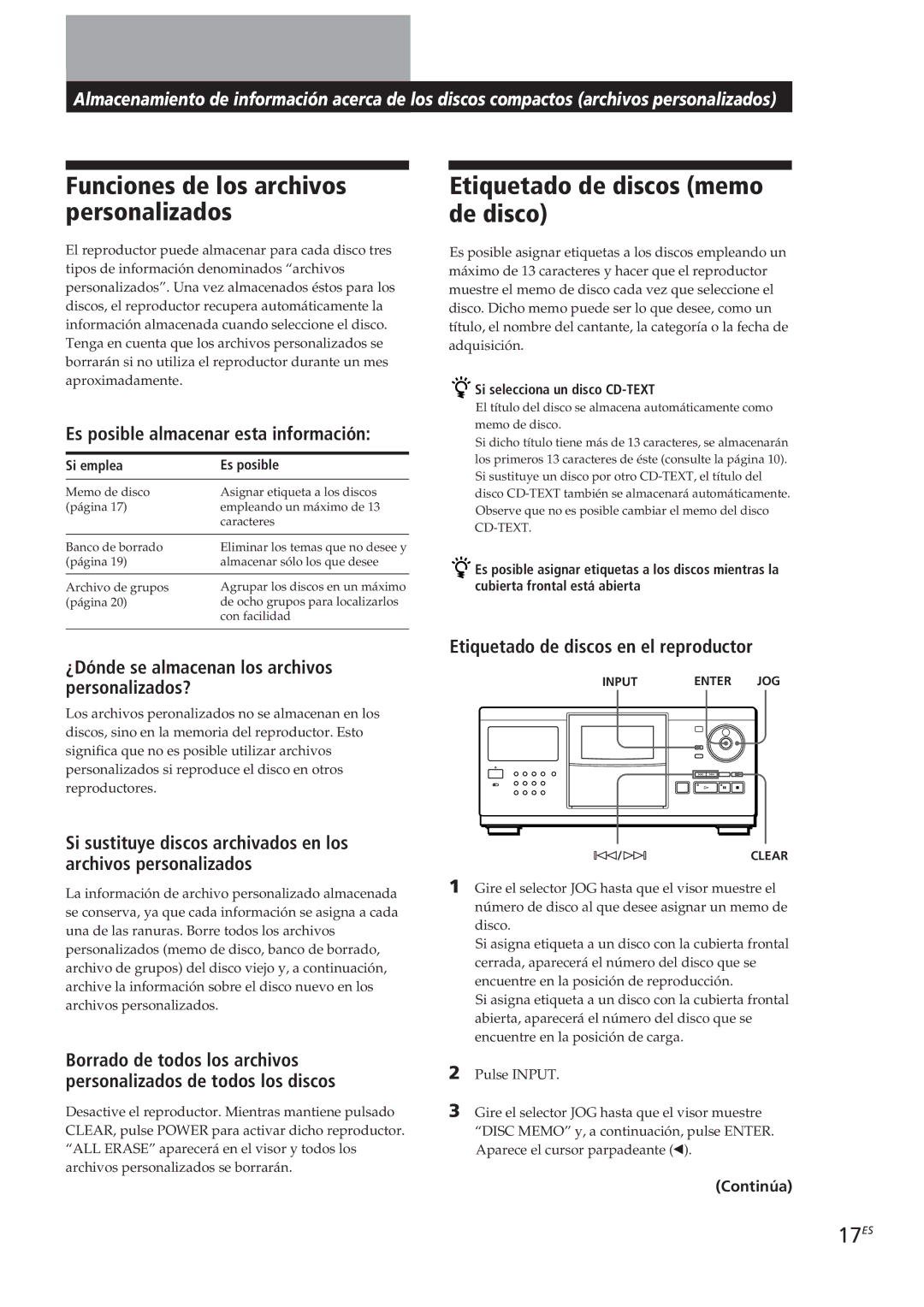 Sony CDP-CX250 manual Etiquetado de discos memo de disco, Funciones de los archivos personalizados, 17ES 