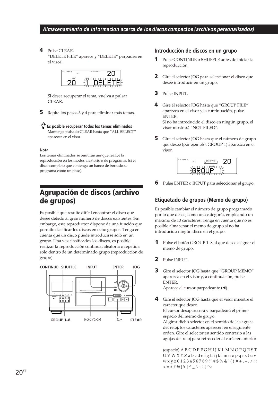 Sony CDP-CX250 manual Agrupación de discos archivo de grupos, 20ES, Introducción de discos en un grupo 