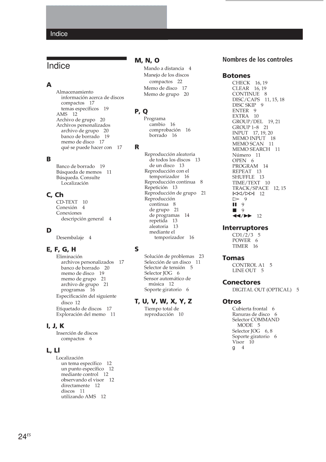 Sony CDP-CX250 manual Indice, 24ES 