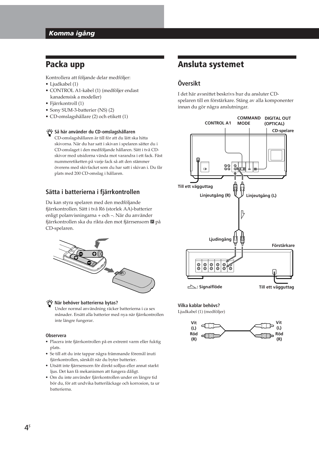 Sony CDP-CX250 manual Packa upp, Ansluta systemet, Sätta i batterierna i fjärrkontrollen, Översikt 