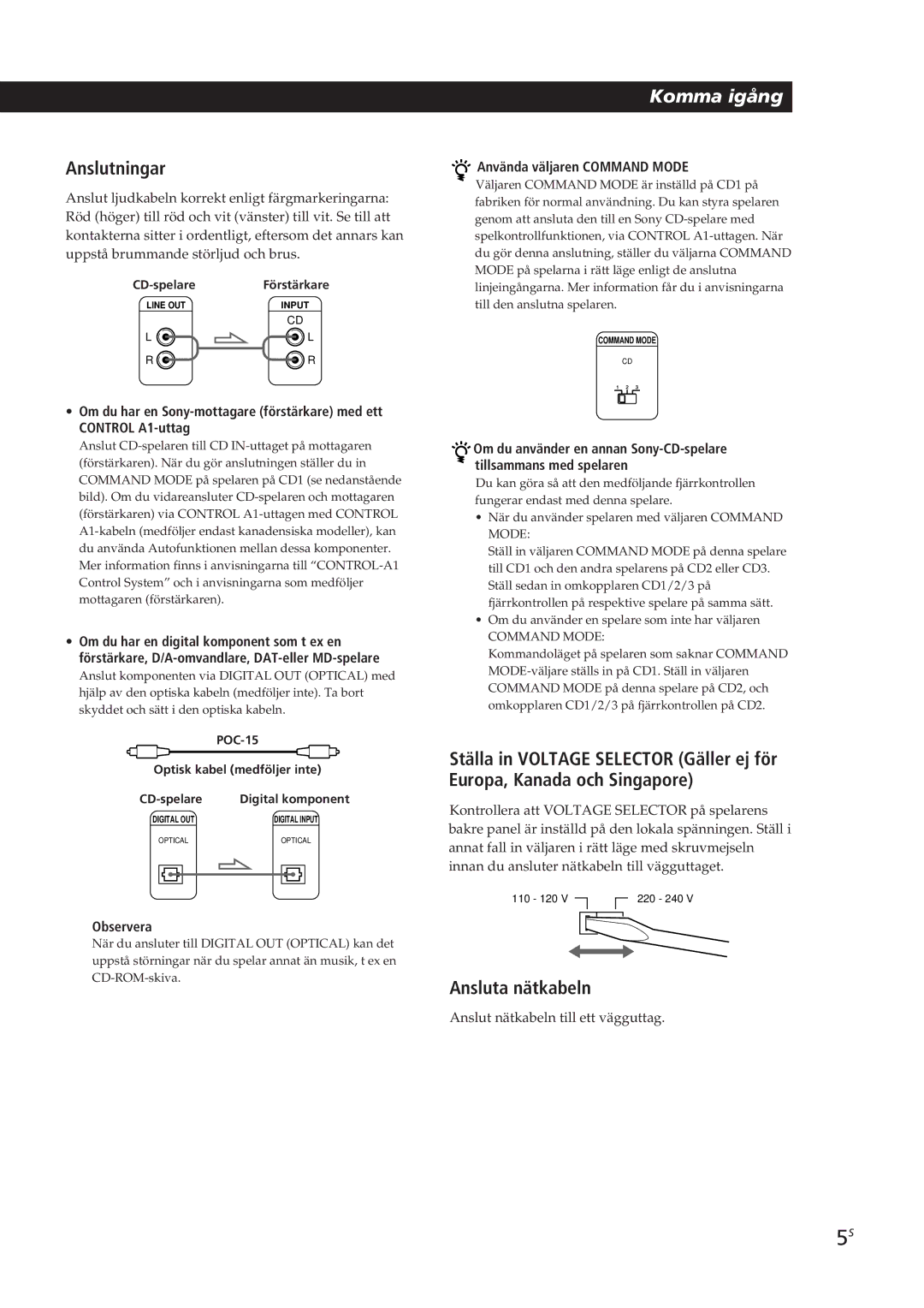 Sony CDP-CX250 manual Anslutningar, Ansluta nätkabeln, Använda väljaren Command Mode, Anslut nätkabeln till ett vägguttag 