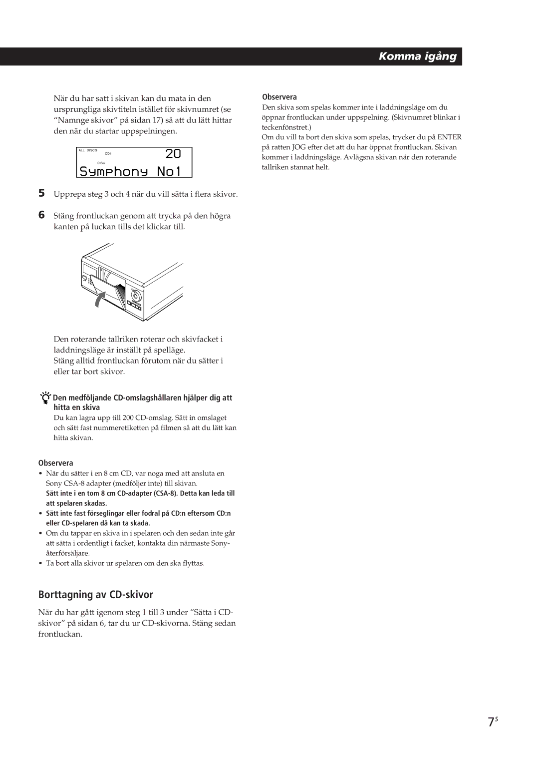 Sony CDP-CX250 manual Borttagning av CD-skivor 