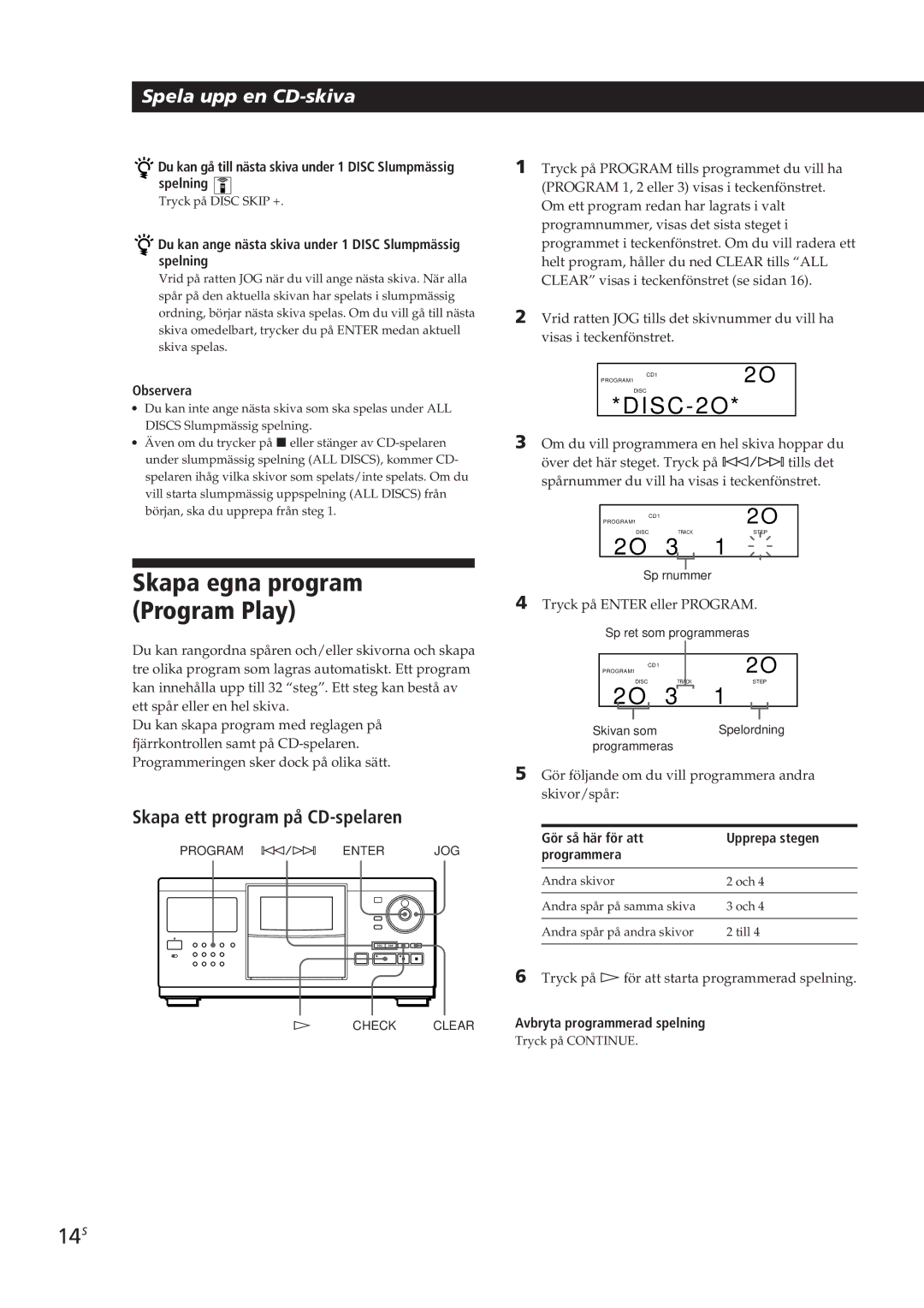 Sony CDP-CX250 manual Skapa egna program Program Play, 14S, Skapa ett program på CD-spelaren 