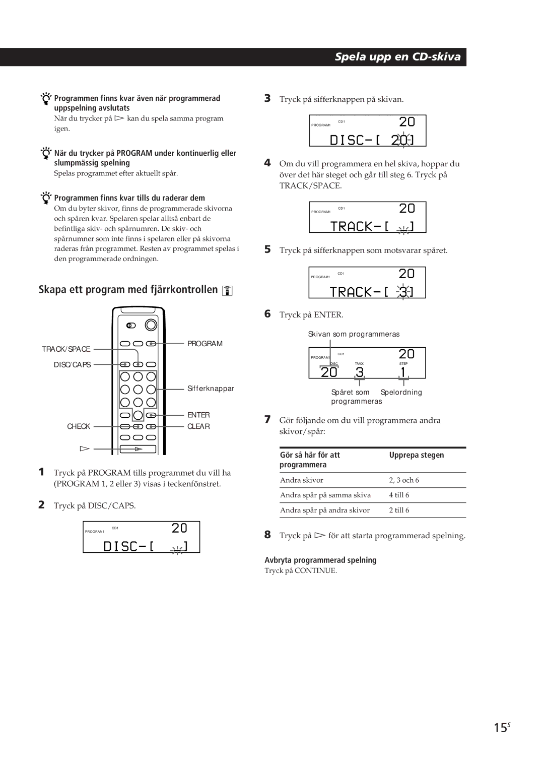 Sony CDP-CX250 manual 15S, Skapa ett program med fjärrkontrollen, Programmen finns kvar tills du raderar dem 