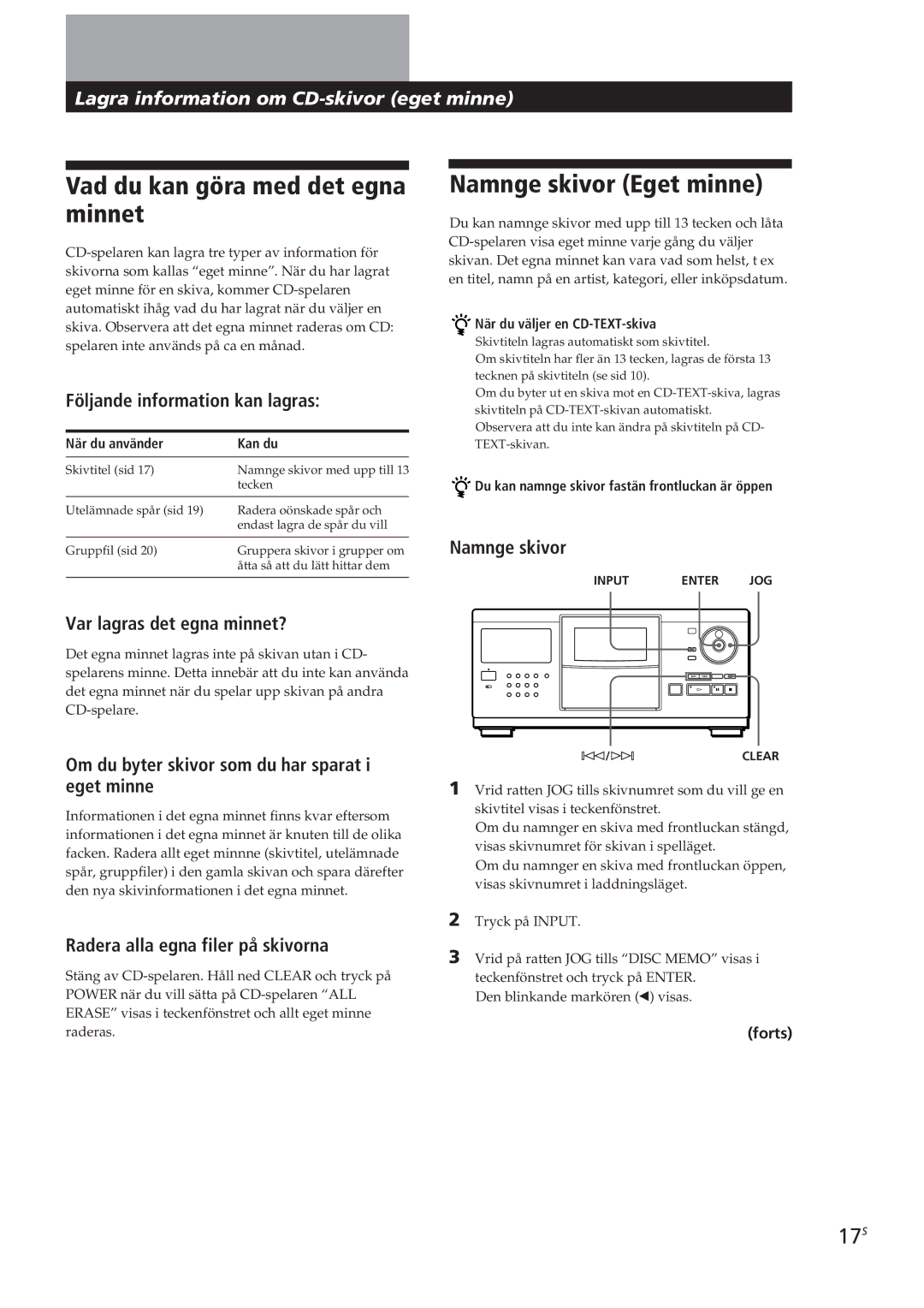 Sony CDP-CX250 manual Vad du kan göra med det egna minnet, Namnge skivor Eget minne, 17S 