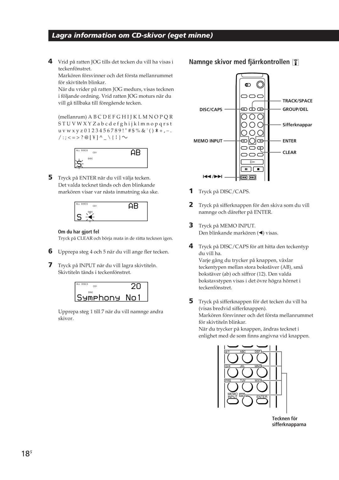 Sony CDP-CX250 manual 18S, Om du har gjort fel, Teckenfönstret, Upprepa steg 1 till 7 när du vill namnge andra skivor 