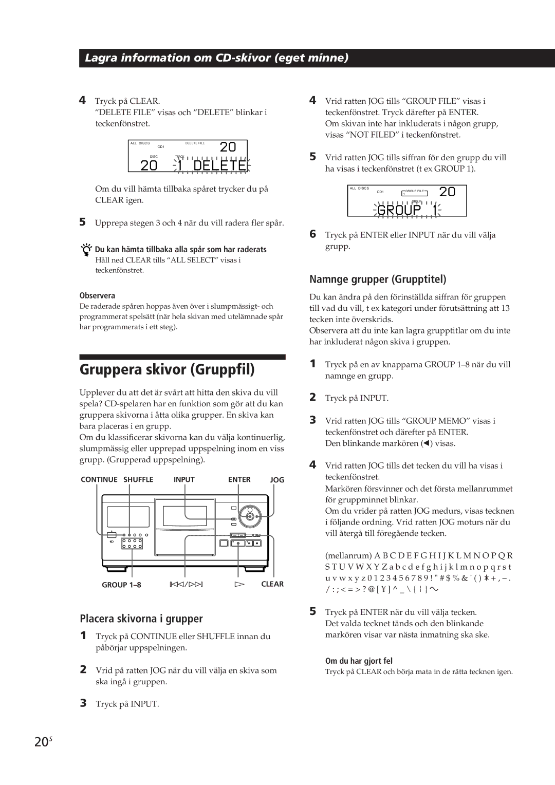 Sony CDP-CX250 manual Gruppera skivor Gruppfil, 20S, Namnge grupper Grupptitel, Placera skivorna i grupper 