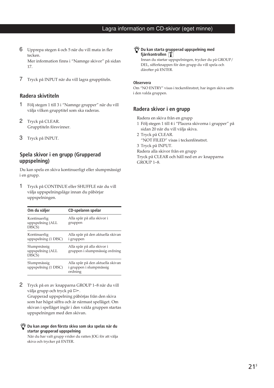 Sony CDP-CX250 manual 21S, Spela skivor i en grupp Grupperad uppspelning, Radera skivor i en grupp 