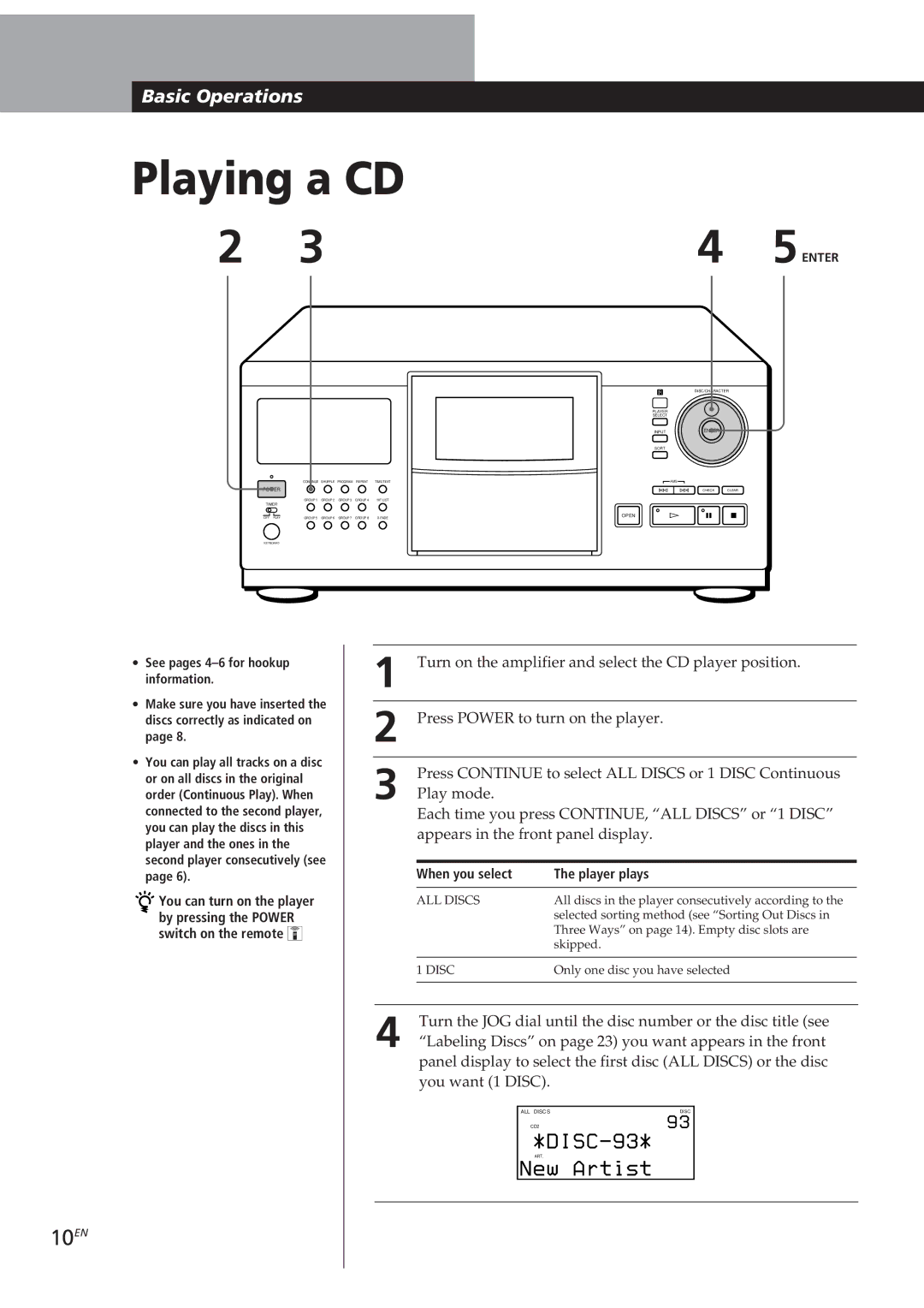 Sony CDP-CX90ES, CDP-CX270 manual 10EN, When you select Player plays 