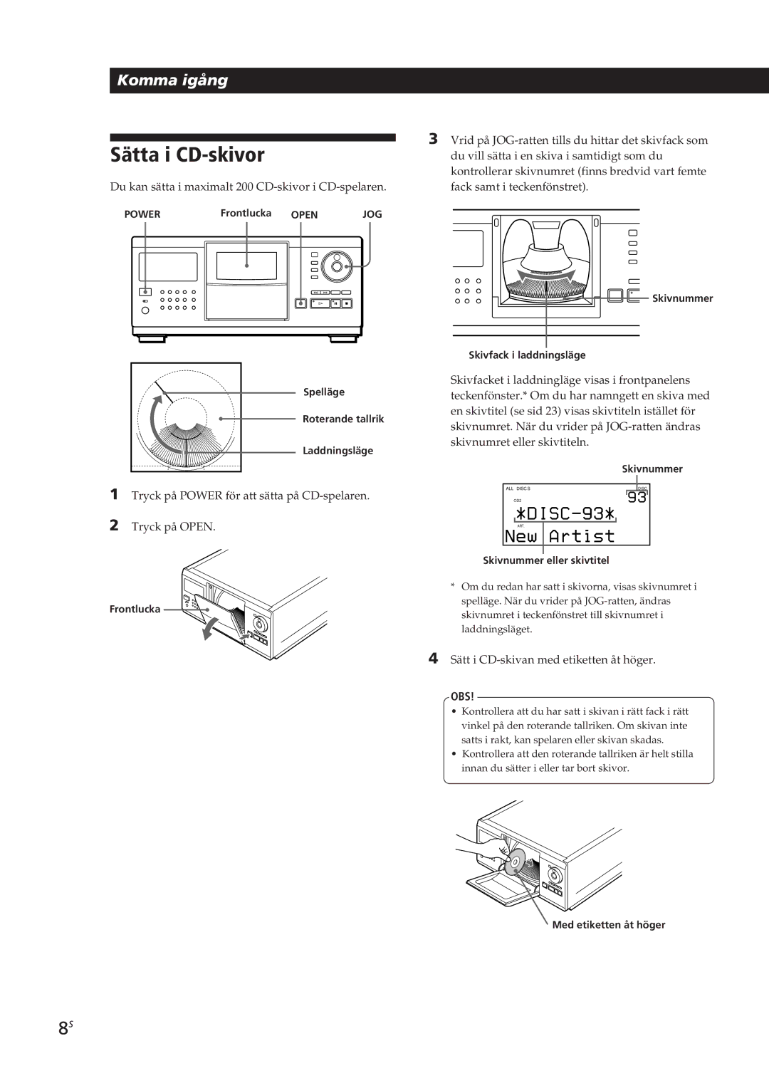 Sony CDP-CX270, CDP-CX90ES manual Sätta i CD-skivor, Frontlucka Open, Skivnummer eller skivtitel, Med etiketten åt höger 