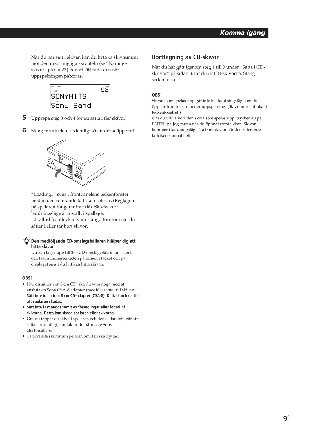 Sony CDP-CX90ES, CDP-CX270 manual Borttagning av CD-skivor 