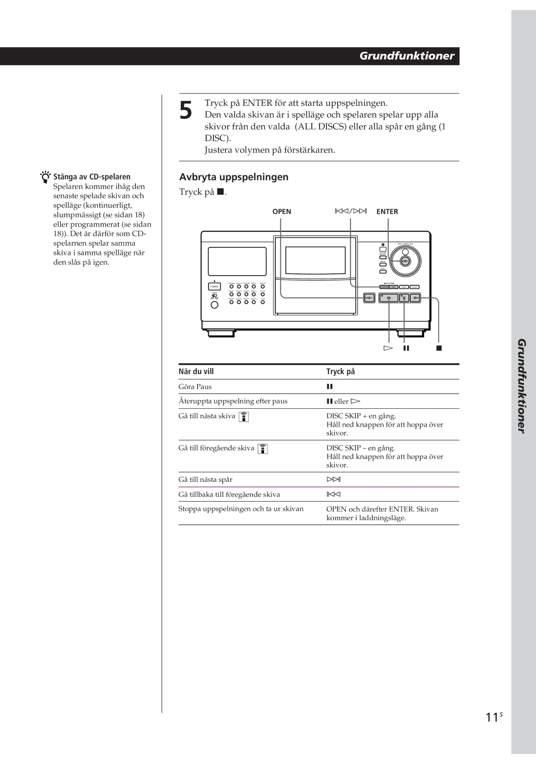 Sony CDP-CX90ES, CDP-CX270 manual 11S, Stänga av CD-spelaren, När du vill Tryck på 