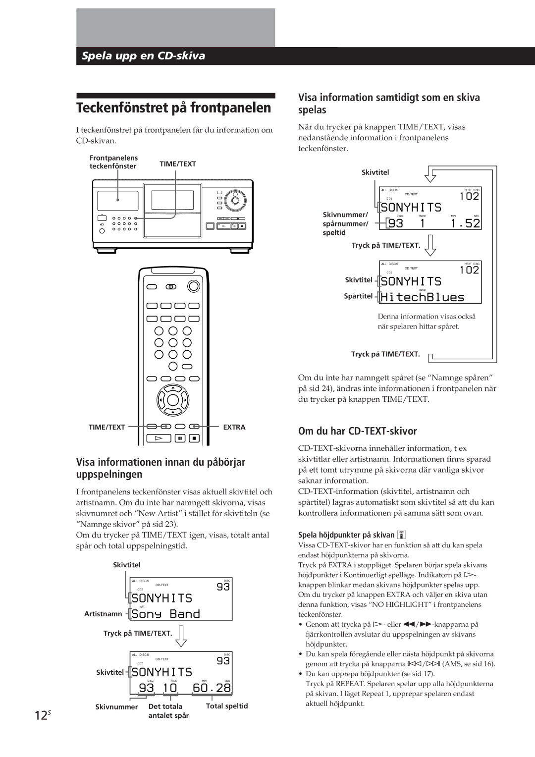 Sony CDP-CX270, CDP-CX90ES manual Teckenfönstret på frontpanelen, 12S, Visa informationen innan du påbörjar uppspelningen 