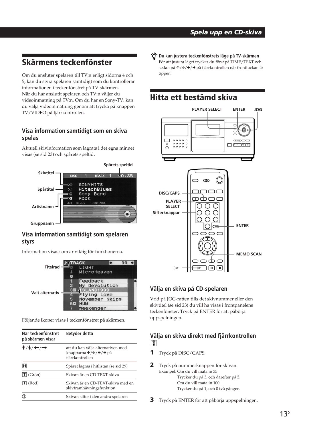 Sony CDP-CX90ES, CDP-CX270 manual Skärmens teckenfönster, Hitta ett bestämd skiva, 13S 