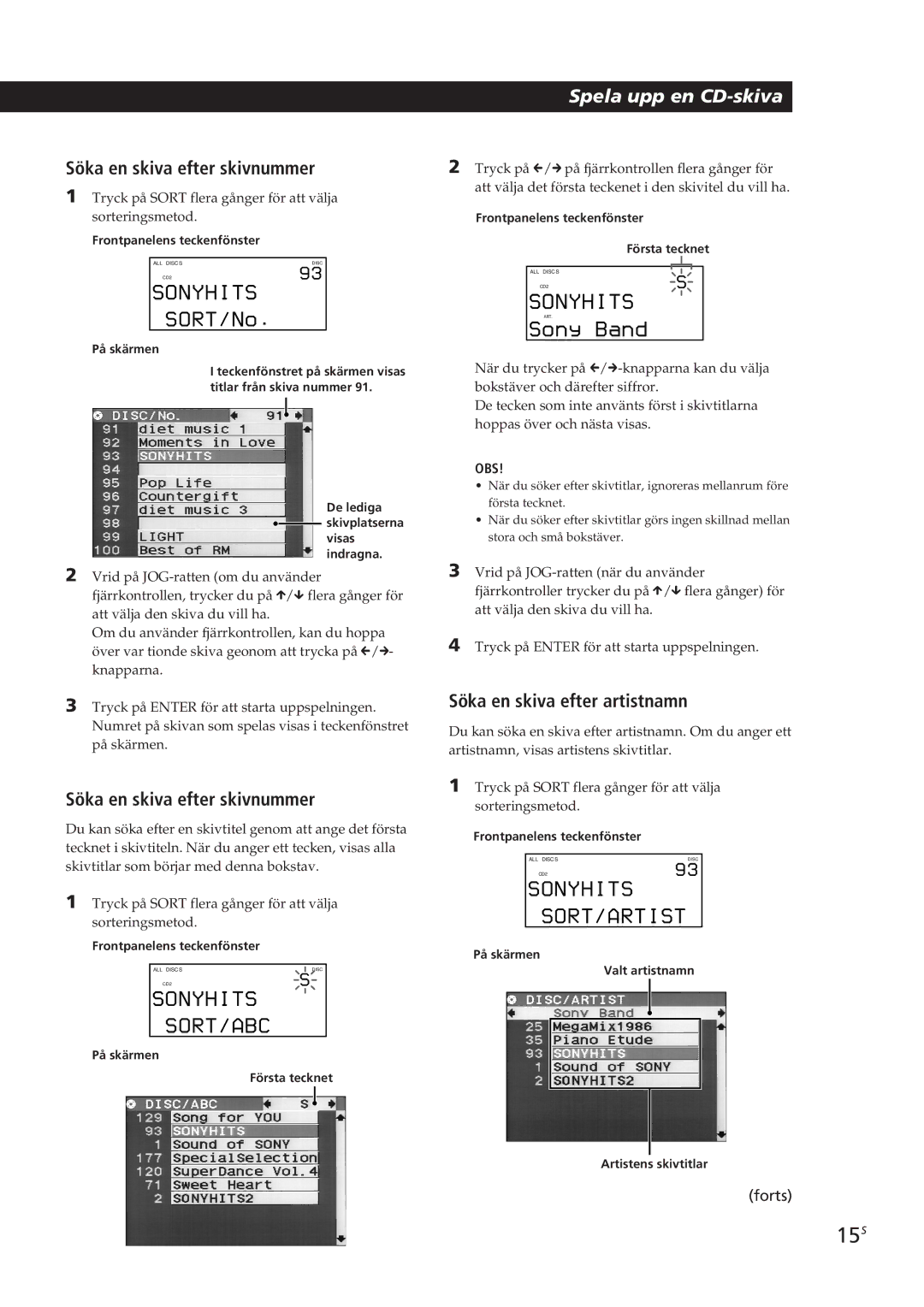Sony CDP-CX90ES, CDP-CX270 manual 15S, Söka en skiva efter skivnummer, Söka en skiva efter artistnamn 