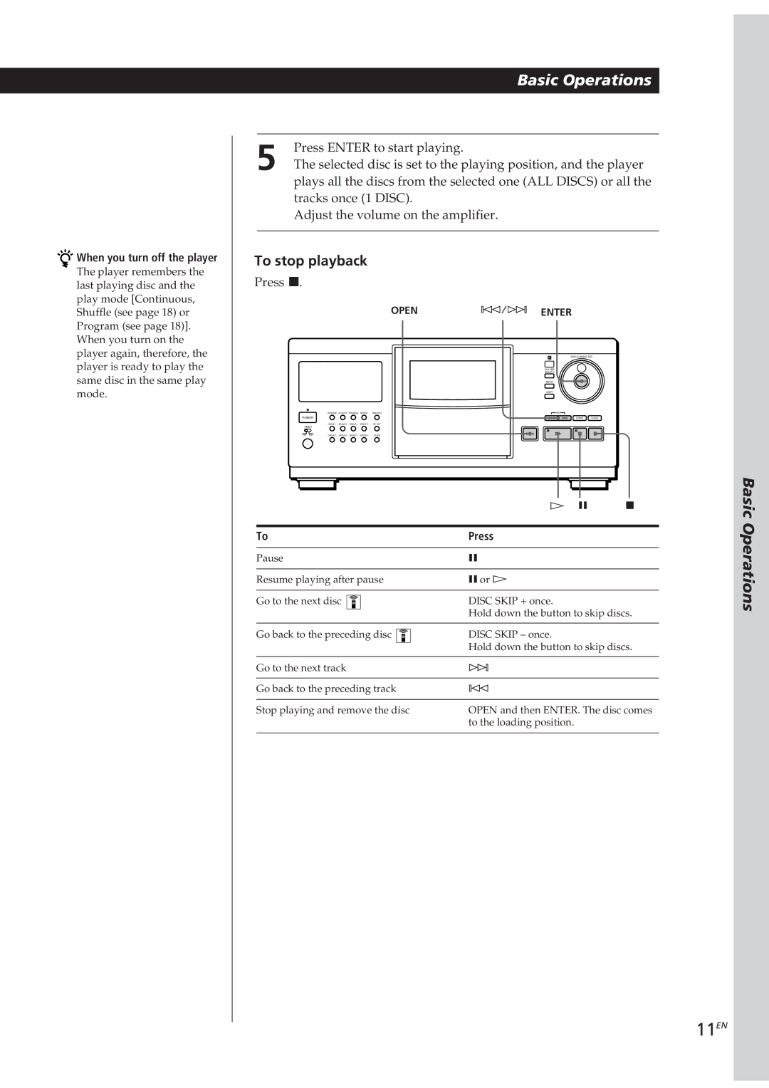 Sony CDP-CX270, CDP-CX90ES manual 11EN, When you turn off the player, Press, ± Enter 