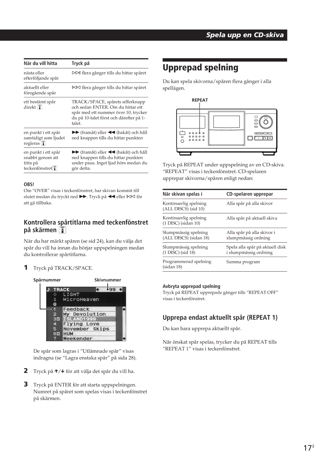 Sony CDP-CX90ES, CDP-CX270 manual Upprepad spelning, 17S, Kontrollera spårtitlarna med teckenfönstret på skärmen Z 