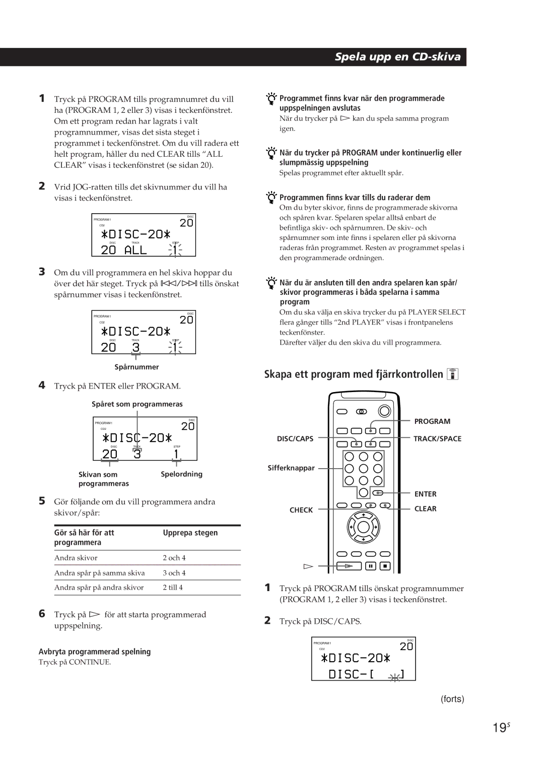 Sony CDP-CX90ES, CDP-CX270 19S, Skapa ett program med fjärrkontrollen Z, Gör så här för att Upprepa stegen Programmera 