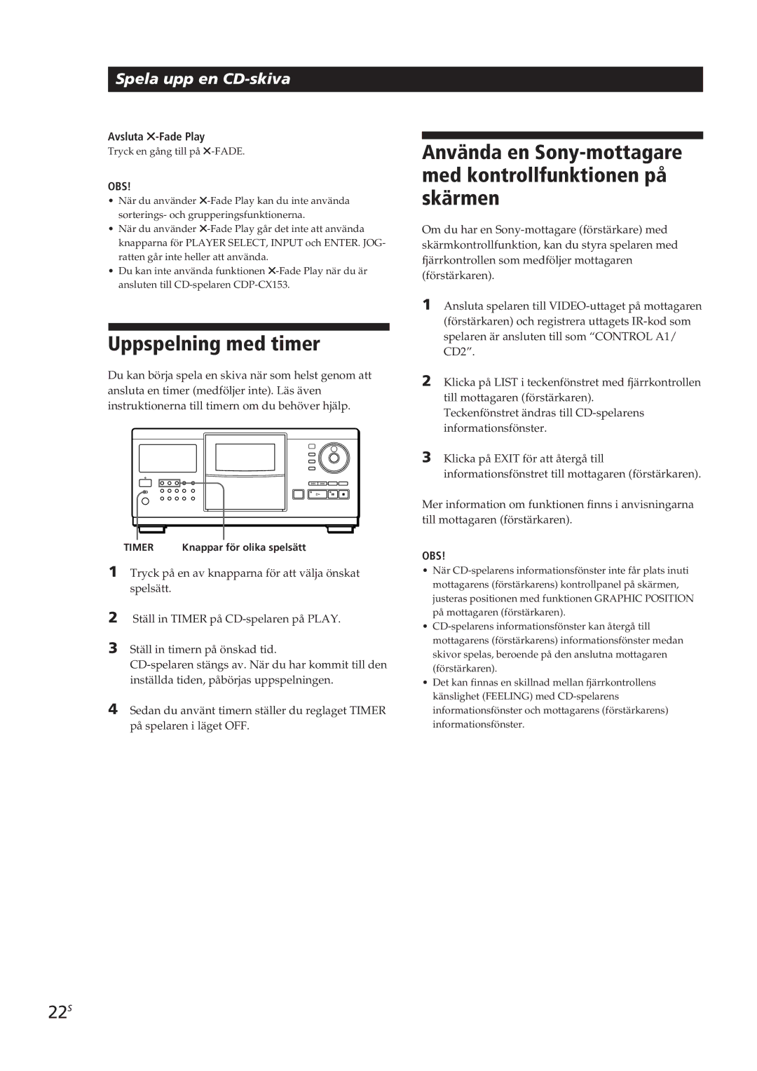 Sony CDP-CX270, CDP-CX90ES manual Uppspelning med timer, Använda en Sony-mottagare med kontrollfunktionen på skärmen, 22S 