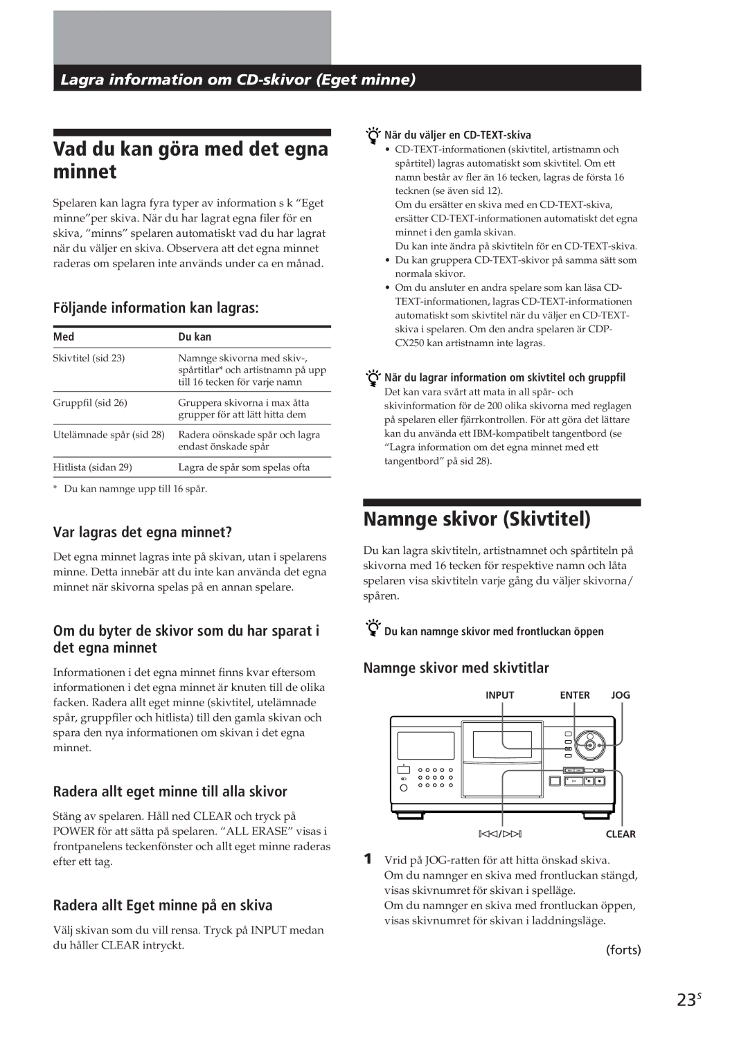 Sony CDP-CX90ES, CDP-CX270 manual Vad du kan göra med det egna minnet, Namnge skivor Skivtitel, 23S 