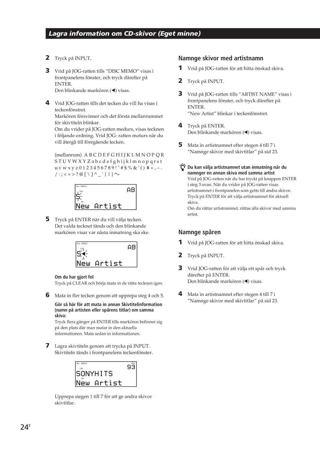 Sony CDP-CX270, CDP-CX90ES manual 24S, Namnge skivor med artistnamn, Namnge spåren, Om du har gjort fel 