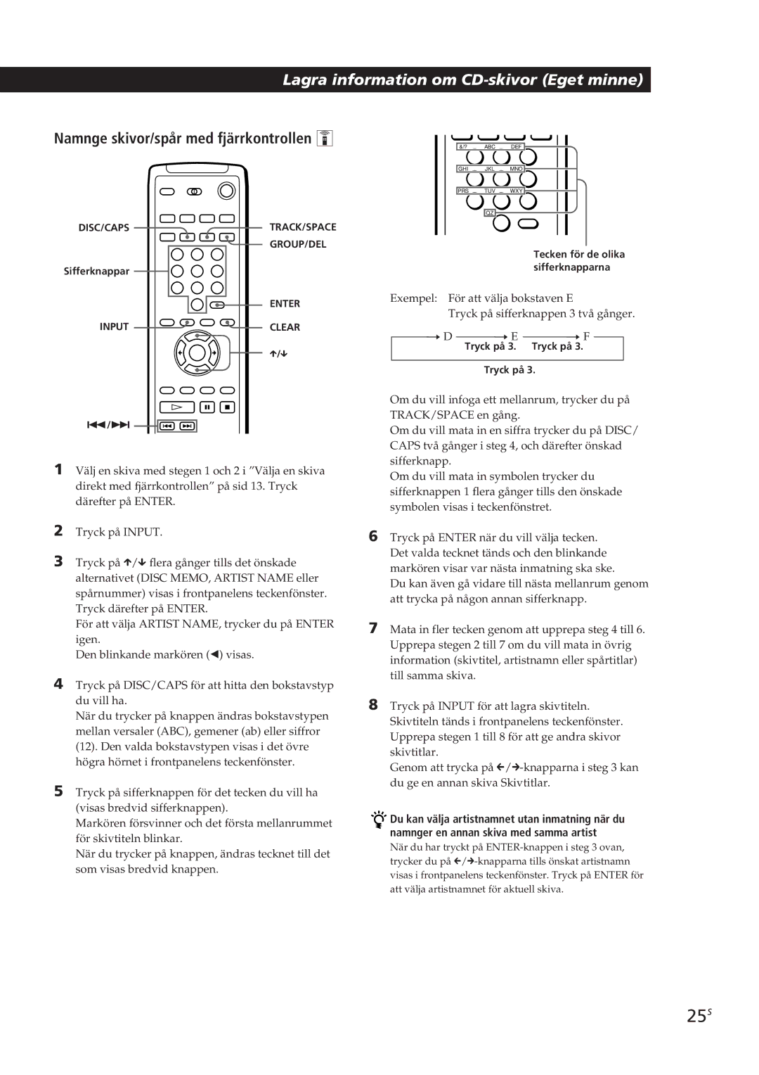 Sony CDP-CX90ES, CDP-CX270 manual 25S, Namnge skivor/spår med fjärrkontrollen Z, Tryck Tryck på 