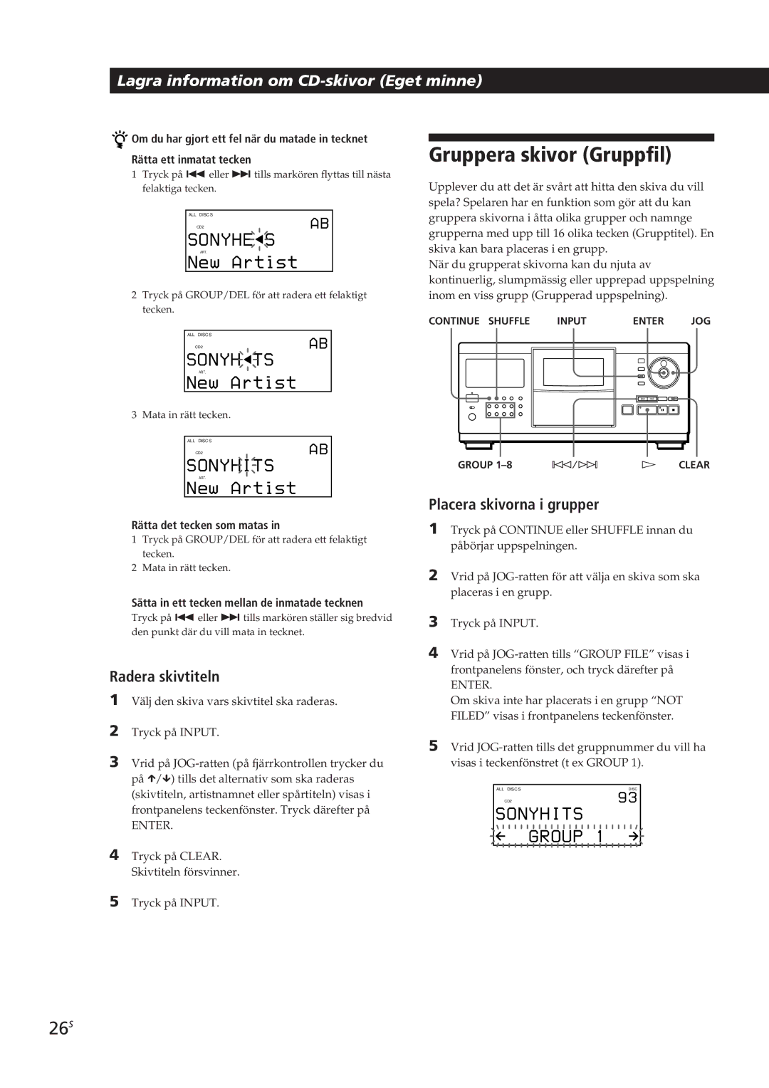 Sony CDP-CX270, CDP-CX90ES manual Gruppera skivor Gruppfil, 26S, Radera skivtiteln, Placera skivorna i grupper 