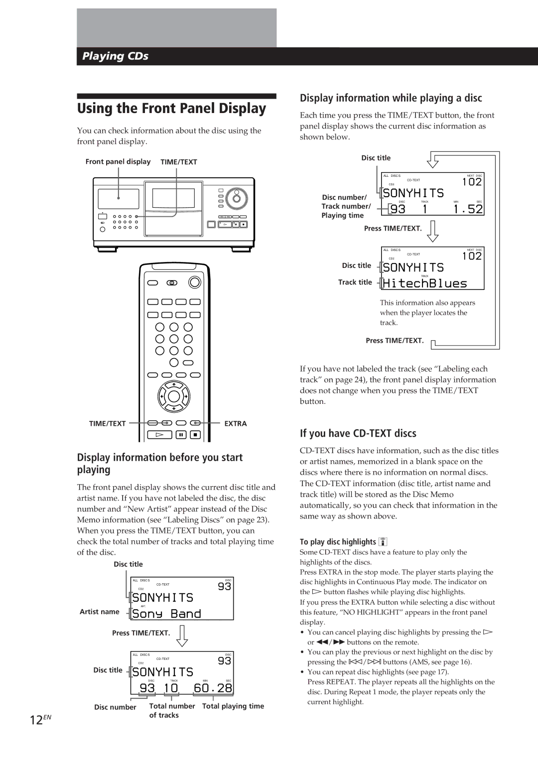 Sony CDP-CX90ES, CDP-CX270 manual Using the Front Panel Display, 12EN, Display information before you start playing 