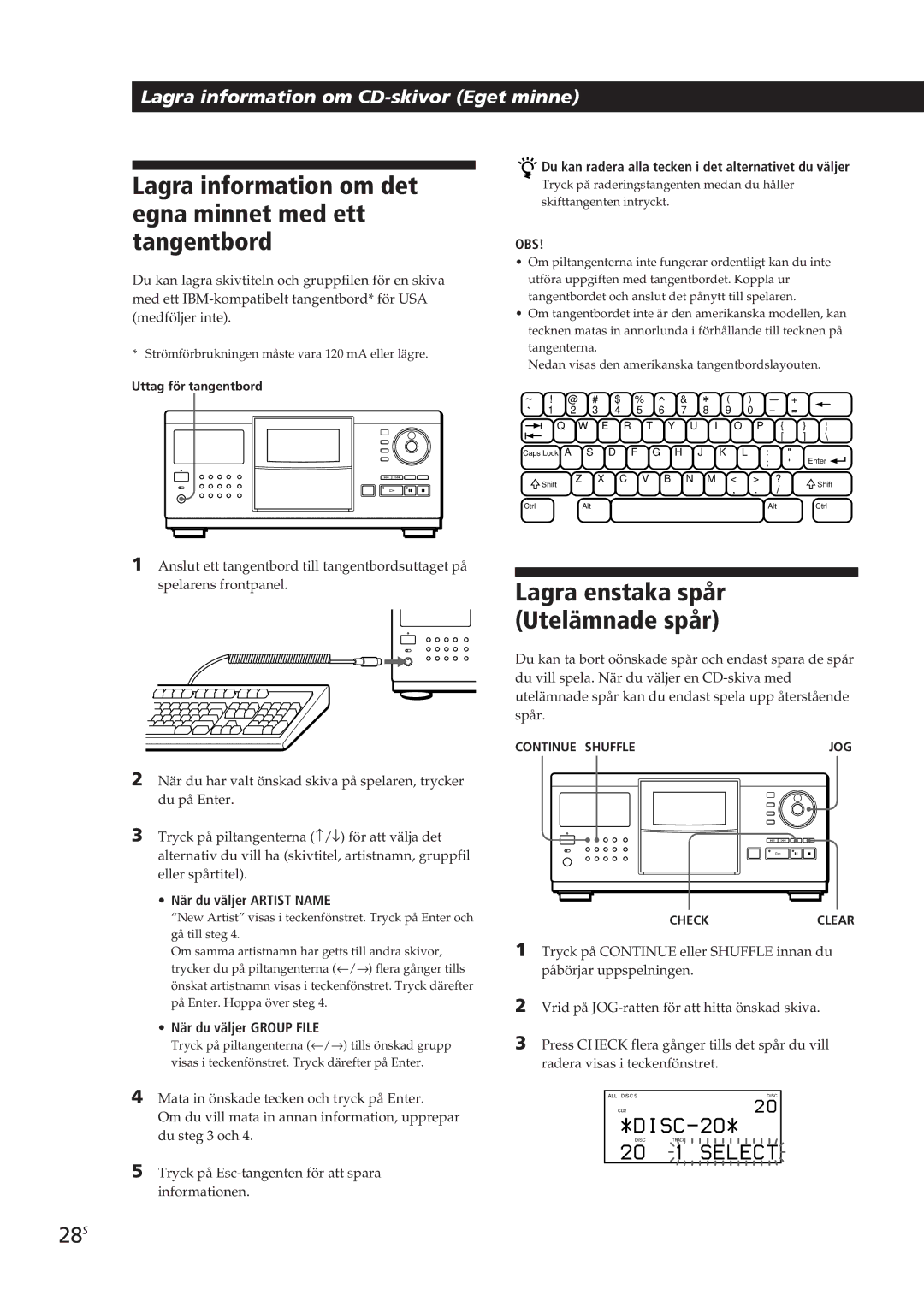 Sony CDP-CX270 manual Lagra information om det egna minnet med ett tangentbord, Lagra enstaka spår Utelämnade spår, 28S 