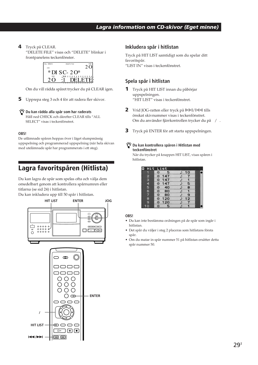 Sony CDP-CX90ES, CDP-CX270 manual Lagra favoritspåren Hitlista, 29S, Inkludera spår i hitlistan, Spela spår i hitlistan 