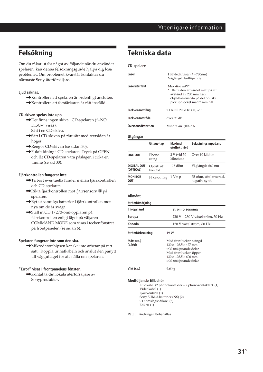 Sony CDP-CX90ES, CDP-CX270 manual Felsökning, Tekniska data, 31S 