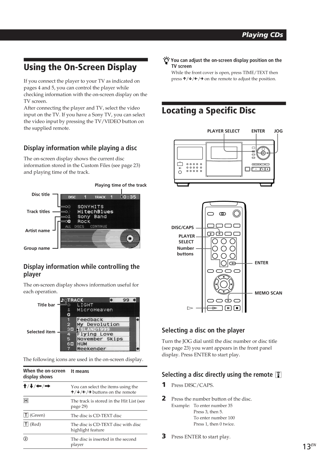 Sony CDP-CX270, CDP-CX90ES manual Using the On-Screen Display, Locating a Specific Disc, 13EN 