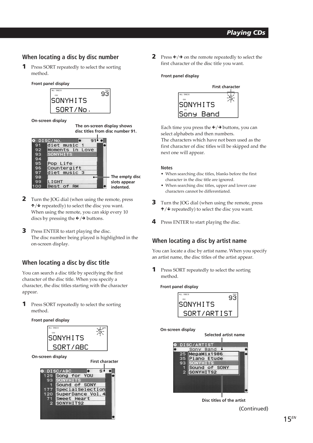 Sony CDP-CX270, CDP-CX90ES manual 15EN, When locating a disc by disc title, When locating a disc by artist name 