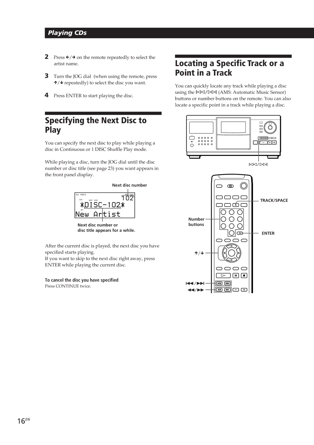 Sony CDP-CX90ES, CDP-CX270 manual Specifying the Next Disc to Play, Locating a Specific Track or a Point in a Track, 16EN 