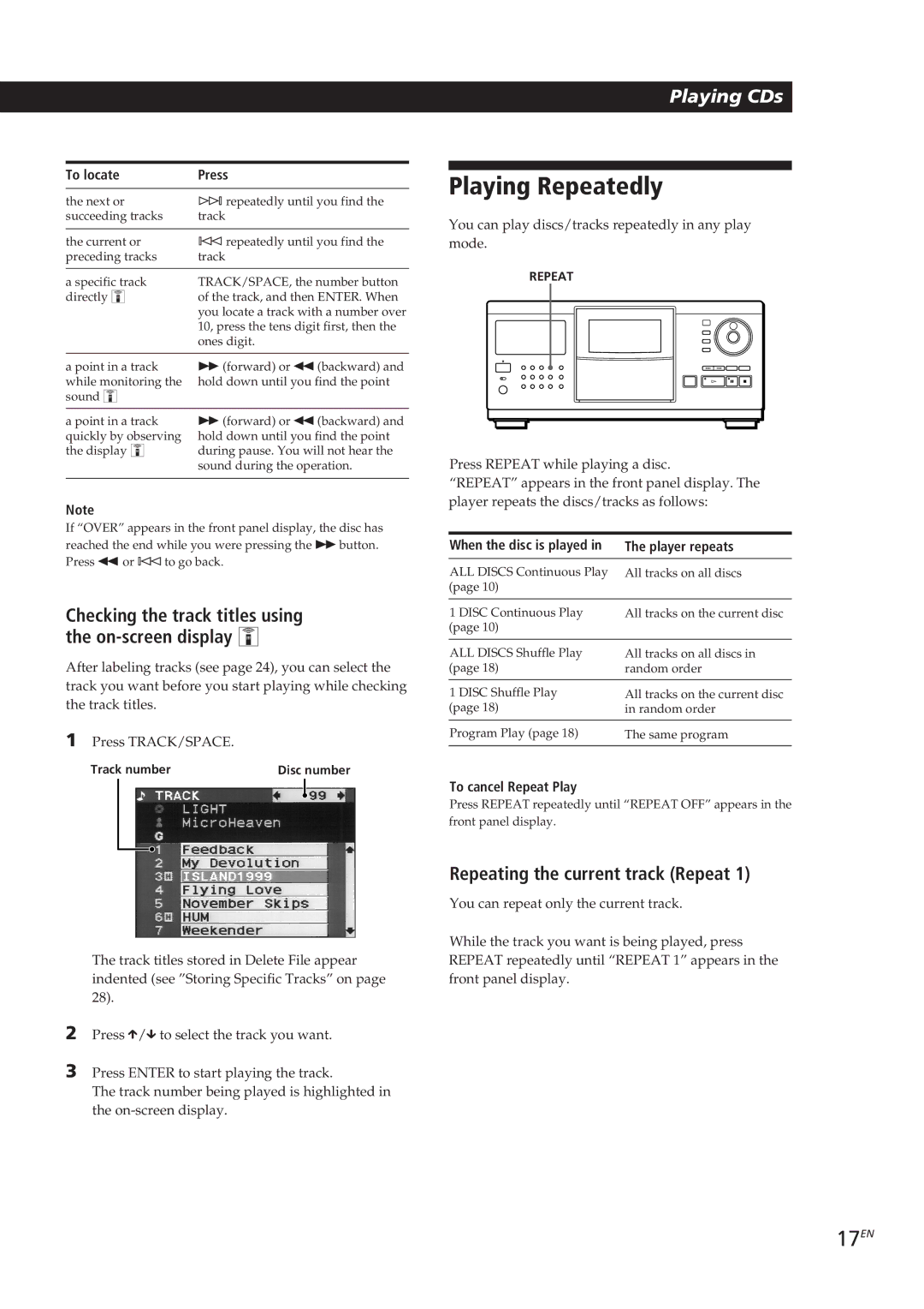 Sony CDP-CX270, CDP-CX90ES manual Playing Repeatedly, 17EN, Repeating the current track Repeat 