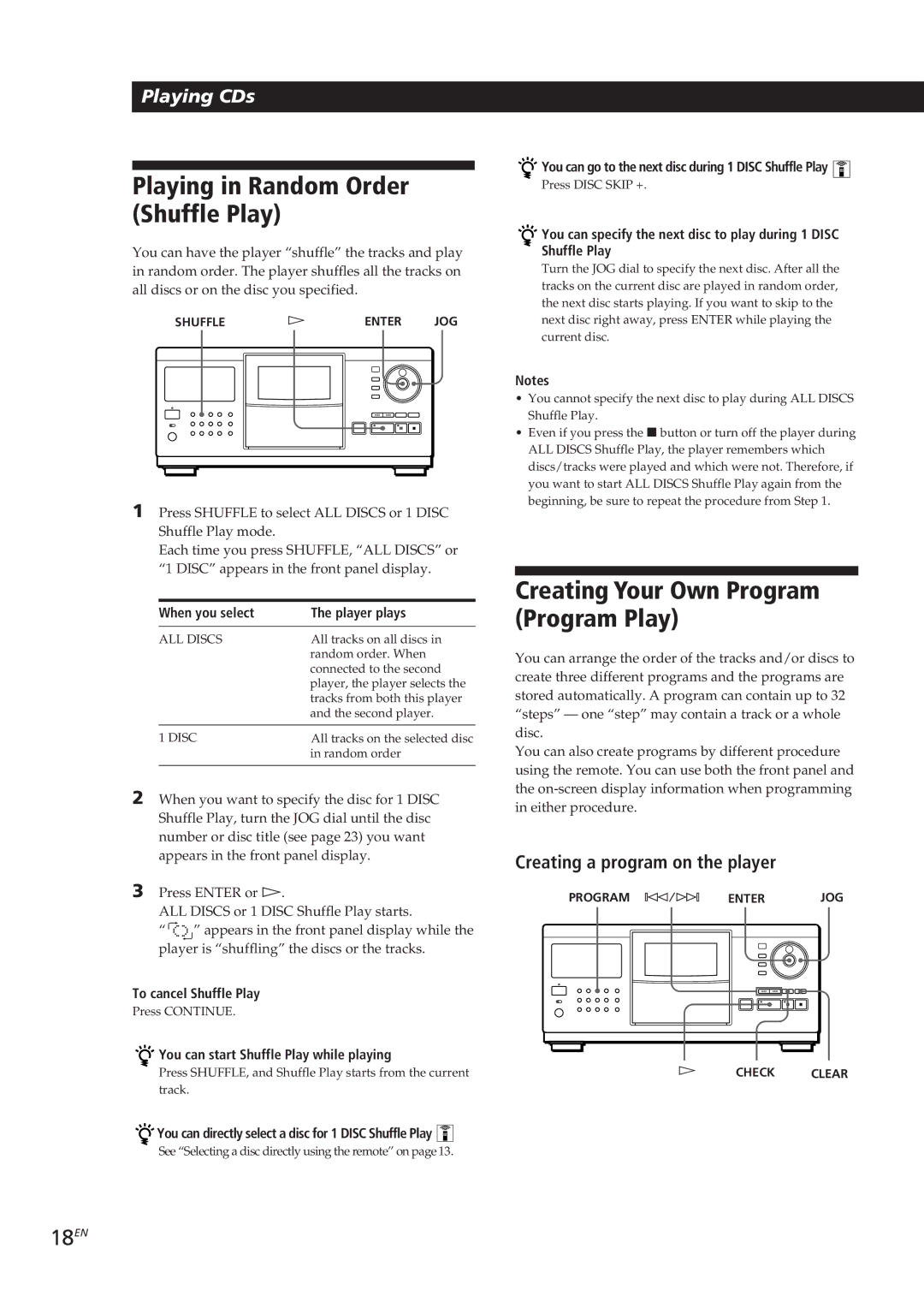 Sony CDP-CX90ES, CDP-CX270 manual Playing in Random Order Shuffle Play, Creating Your Own Program Program Play, 18EN 