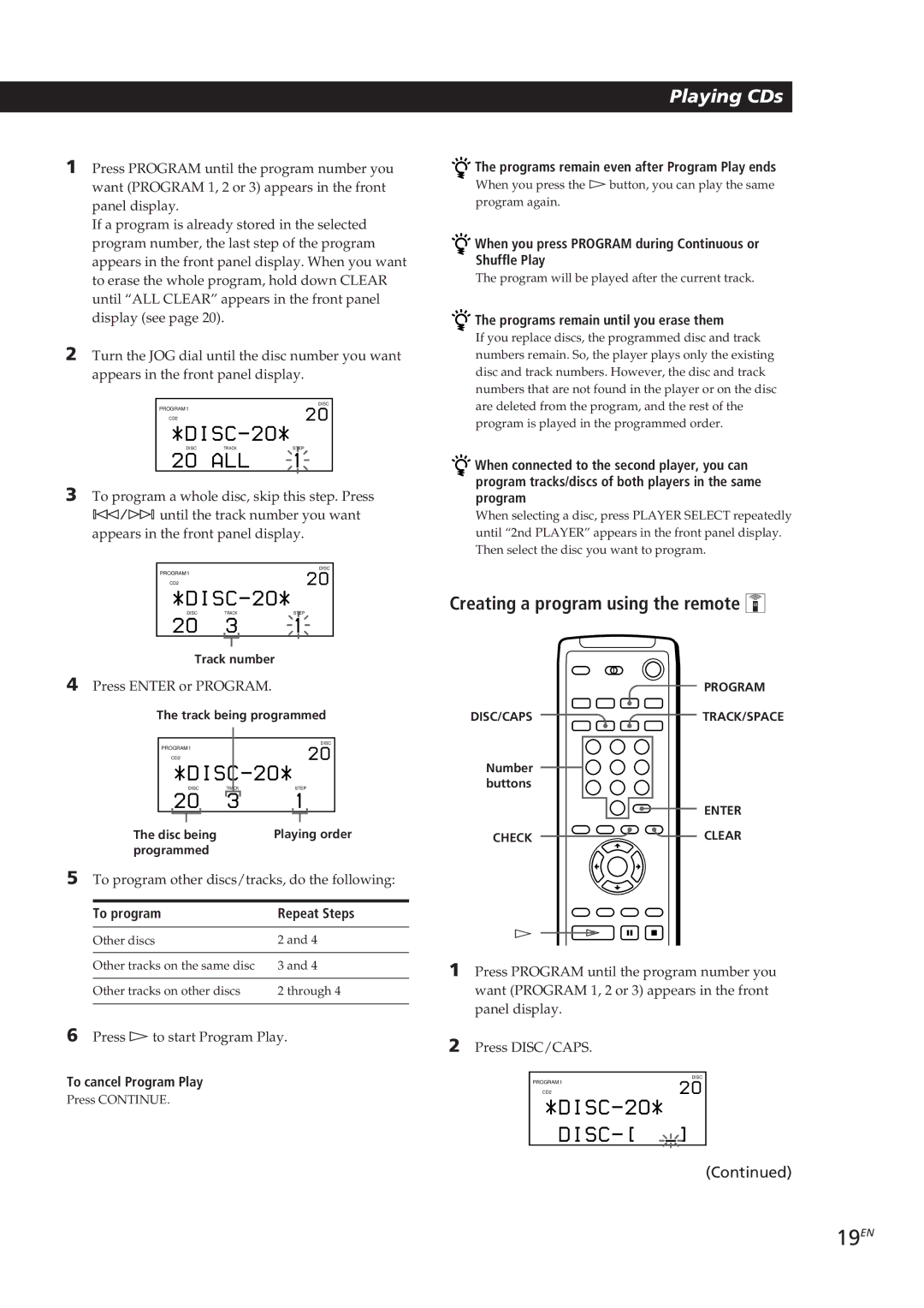 Sony CDP-CX270, CDP-CX90ES manual 19EN, Creating a program using the remote Z 