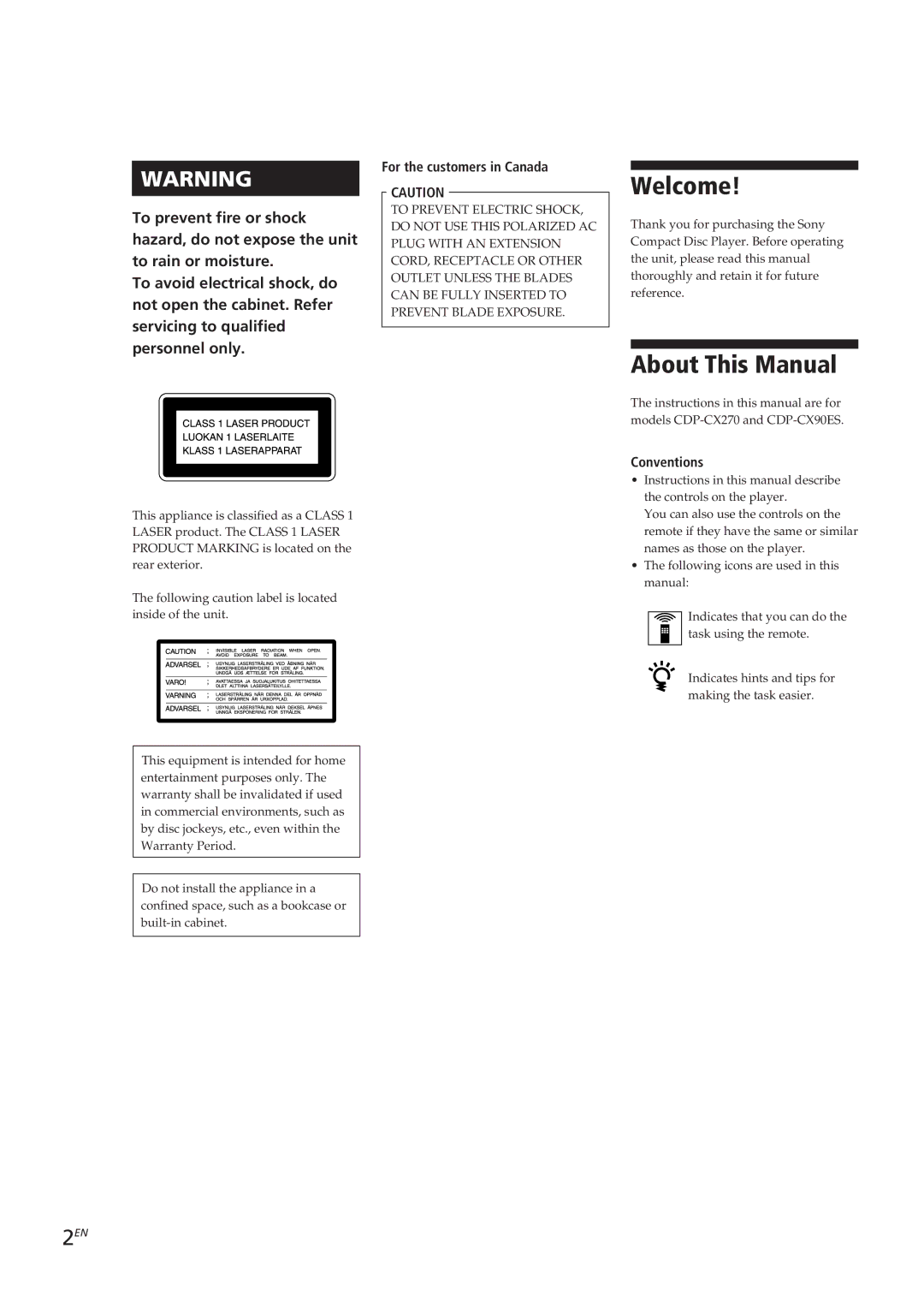 Sony CDP-CX90ES, CDP-CX270 manual Welcome, About This Manual, For the customers in Canada, Conventions 