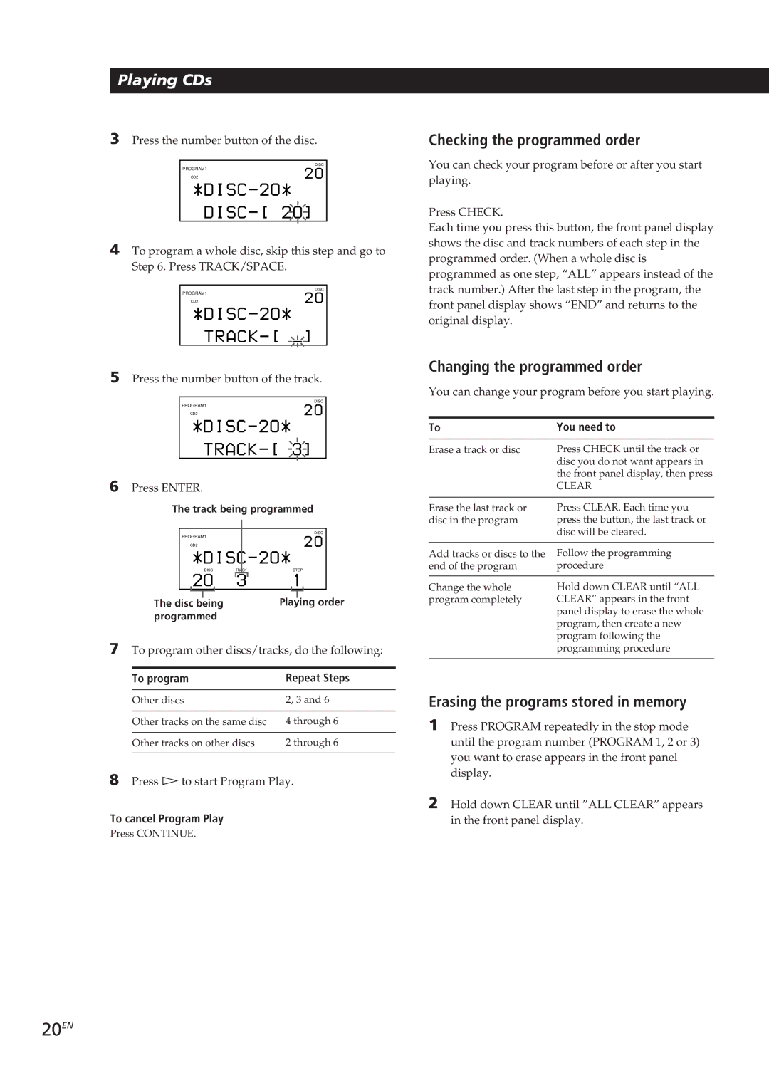 Sony CDP-CX90ES 20EN, Checking the programmed order, Changing the programmed order, Erasing the programs stored in memory 