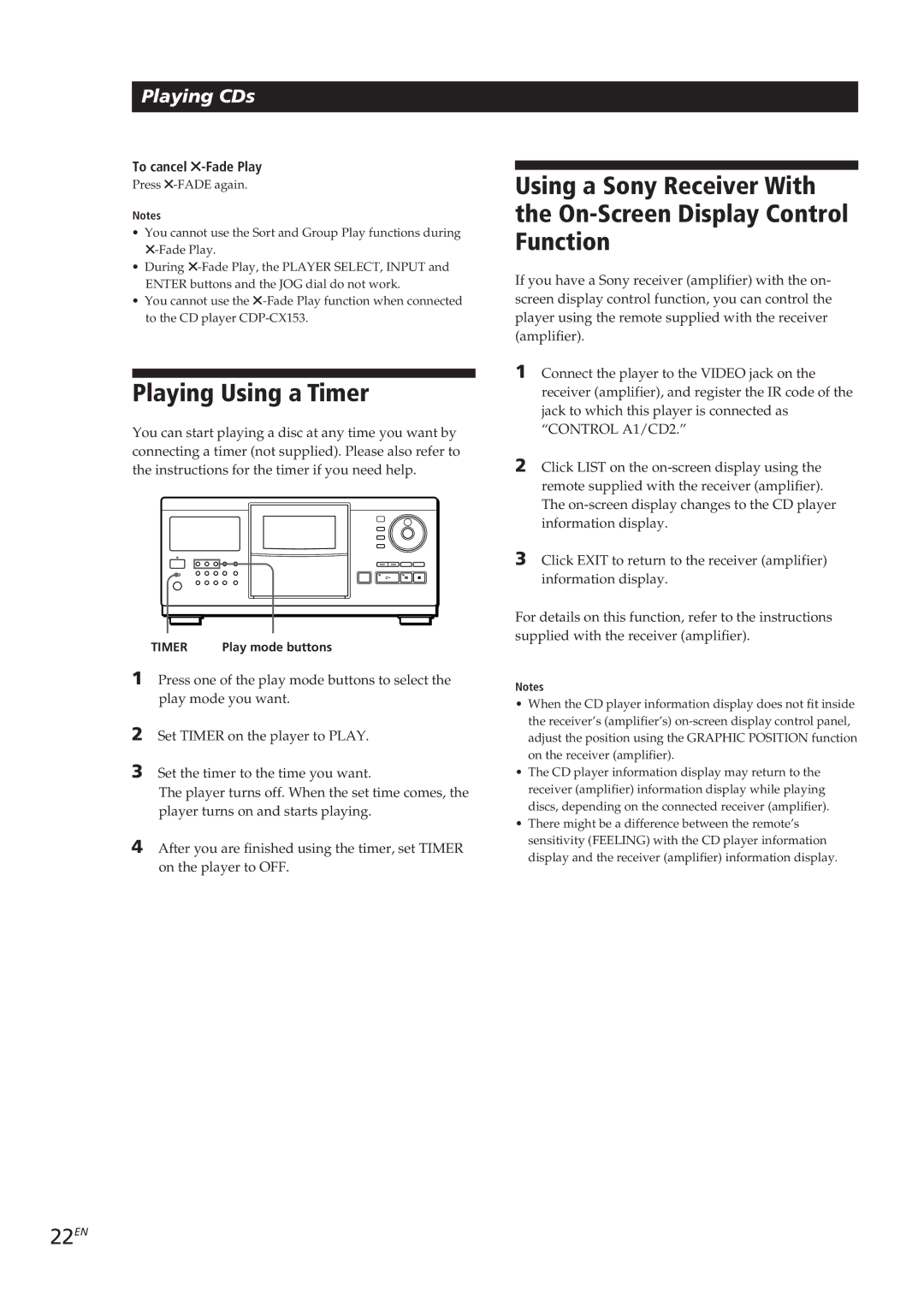 Sony CDP-CX90ES, CDP-CX270 manual Playing Using a Timer, 22EN, To cancel G-Fade Play 