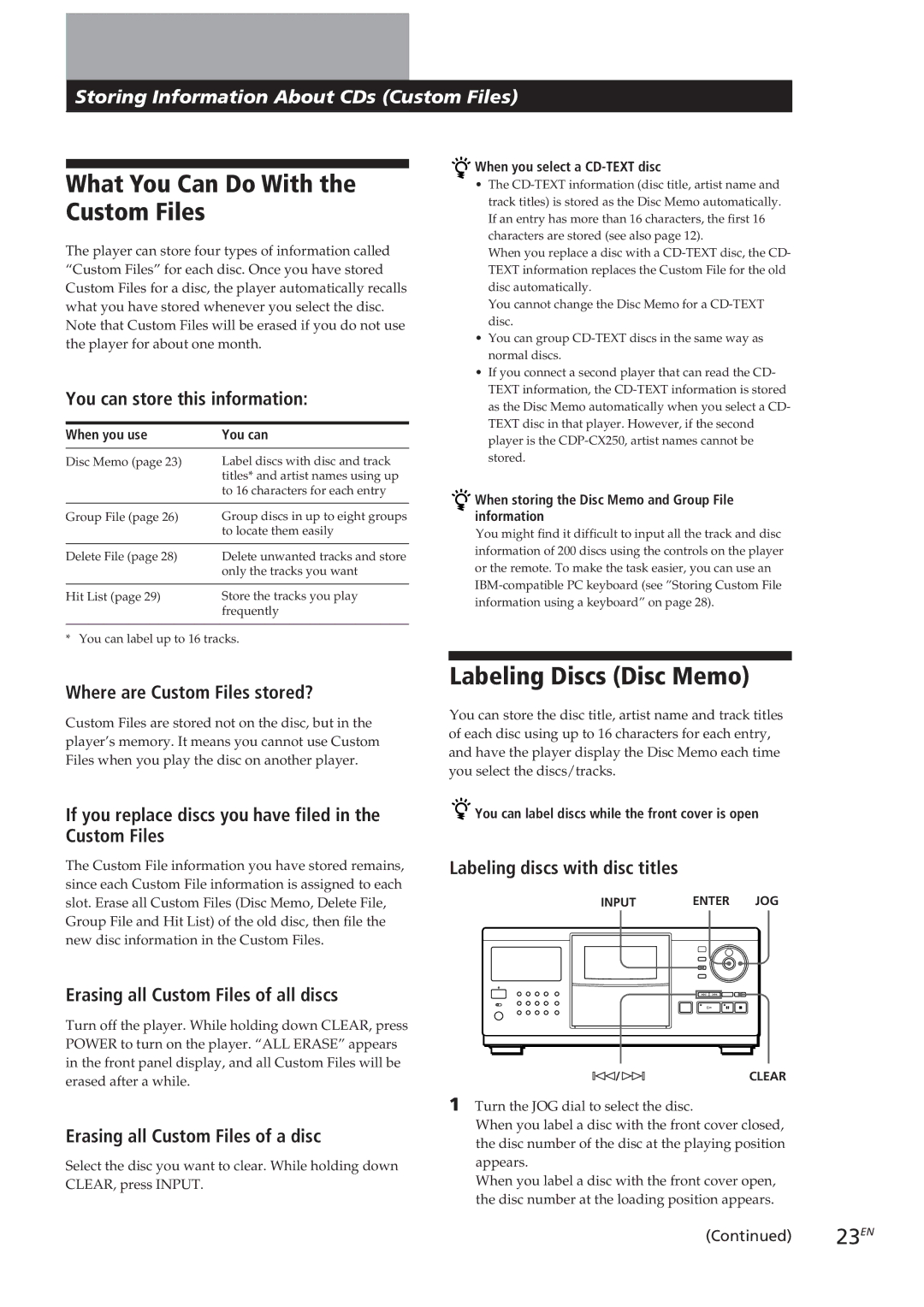 Sony CDP-CX270, CDP-CX90ES manual What You Can Do With the Custom Files, Labeling Discs Disc Memo 