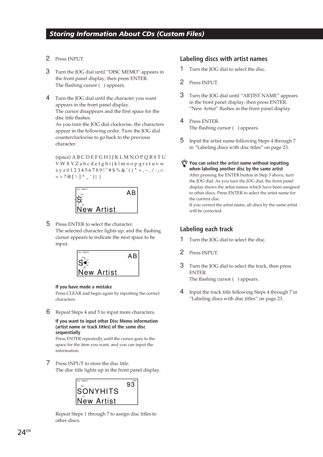 Sony CDP-CX90ES, CDP-CX270 manual 24EN, Labeling discs with artist names, Labeling each track, If you have made a mistake 