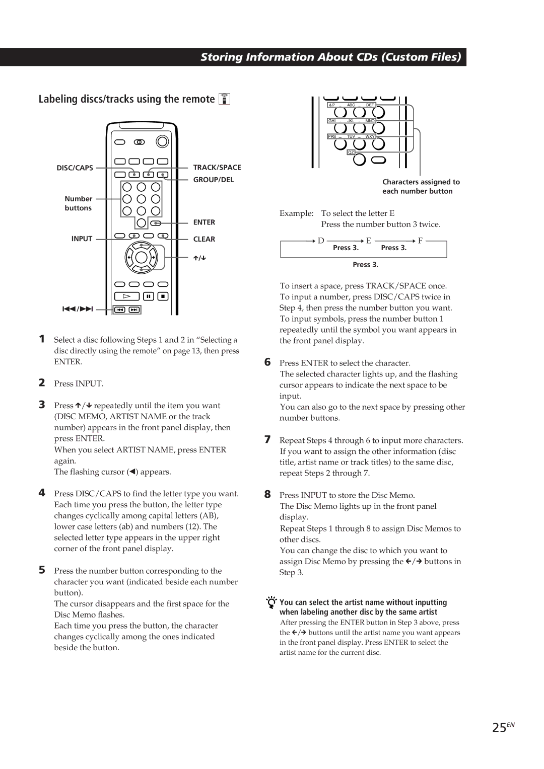 Sony CDP-CX270, CDP-CX90ES manual 25EN, Labeling discs/tracks using the remote Z, Press 