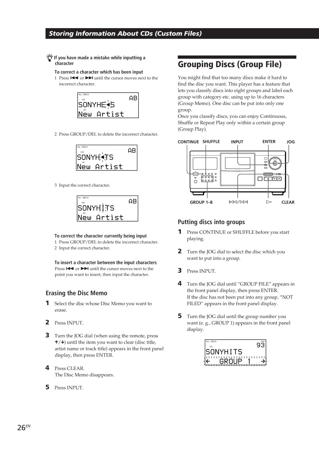 Sony CDP-CX90ES, CDP-CX270 manual Grouping Discs Group File, 26EN, Erasing the Disc Memo, Putting discs into groups 