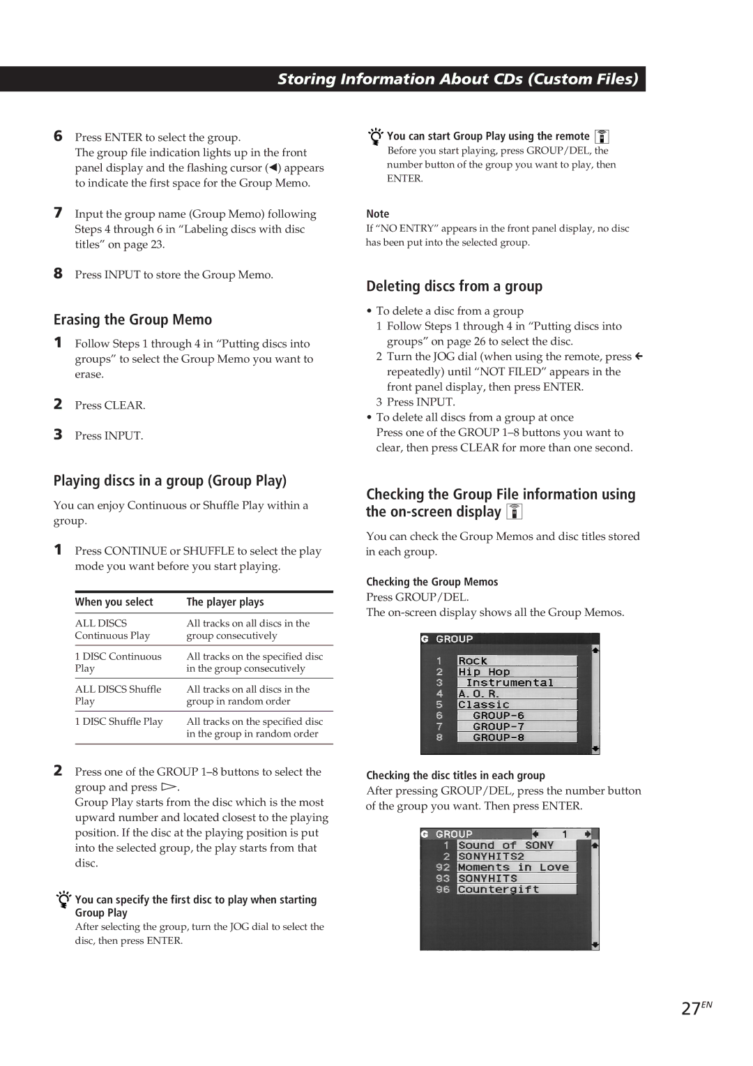 Sony CDP-CX270, CDP-CX90ES 27EN, Erasing the Group Memo, Playing discs in a group Group Play, Deleting discs from a group 